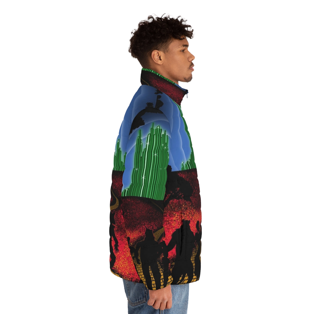 Yellow Brick Road Puffer Jacket featuring iconic Wizard of Oz elements - men side right