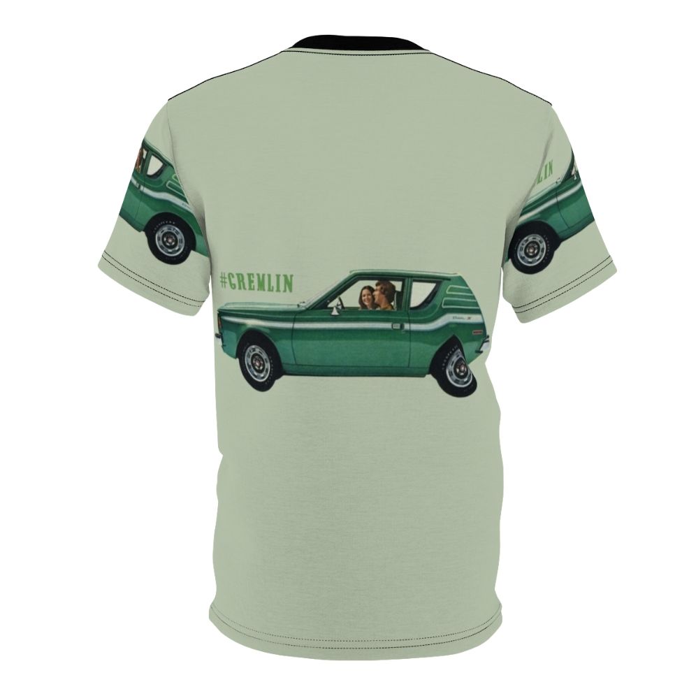 A vintage-style t-shirt featuring a retro green gremlin car design in a cool, striped pattern. - Back