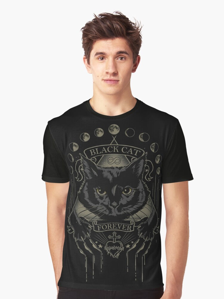 A black cat graphic t-shirt with an occult, lunar-inspired design - Men