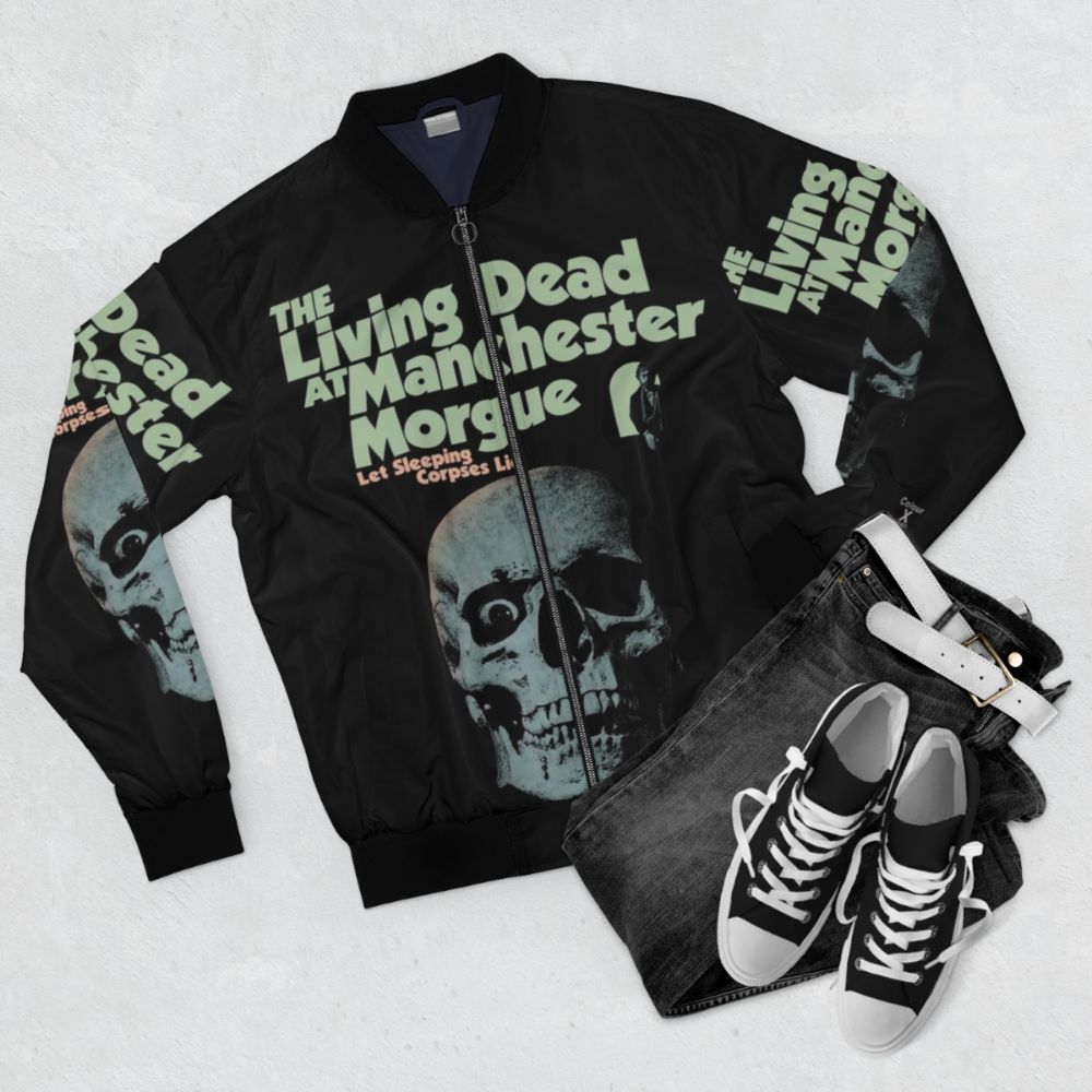 Vintage bomber jacket with a horror-inspired zombie and morgue design - Flat lay