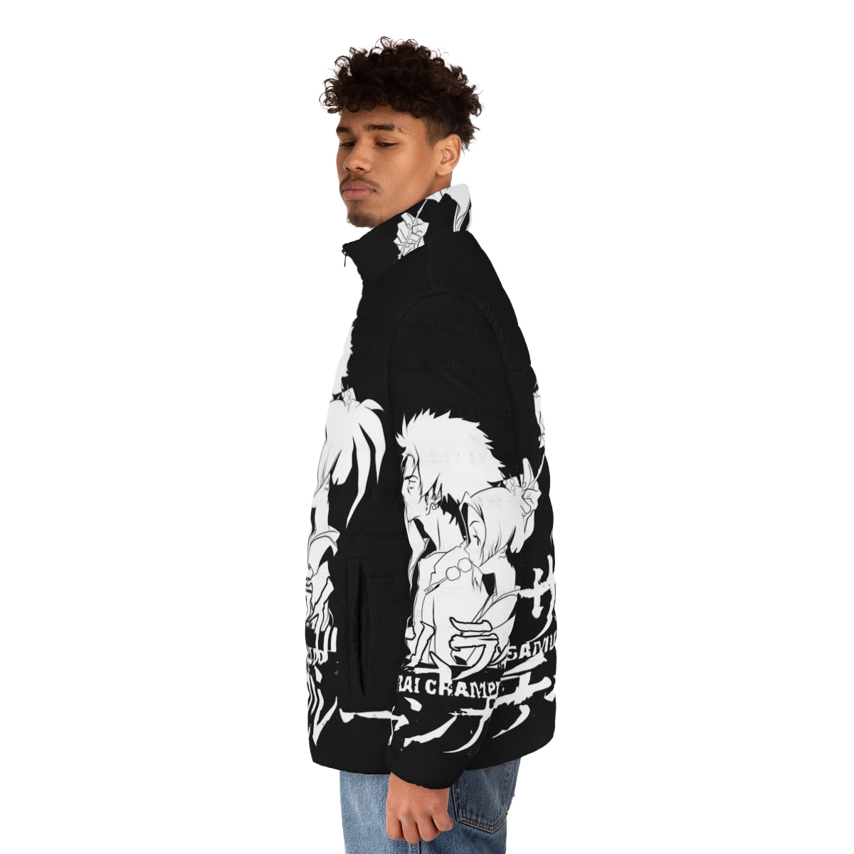 Samurai Champloo anime-inspired puffer jacket with cyberpunk design - men side left