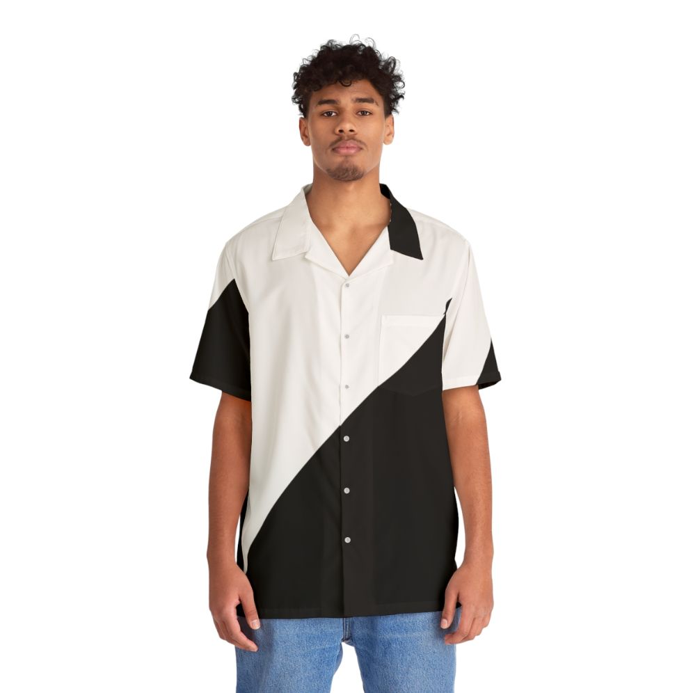 Diagonal half white and black abstract geometric Hawaiian shirt - People Front