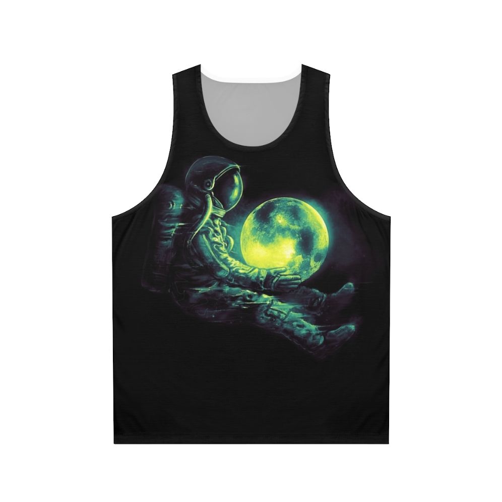 Unisex tank top with a cosmic, galactic design featuring a moon and astronaut