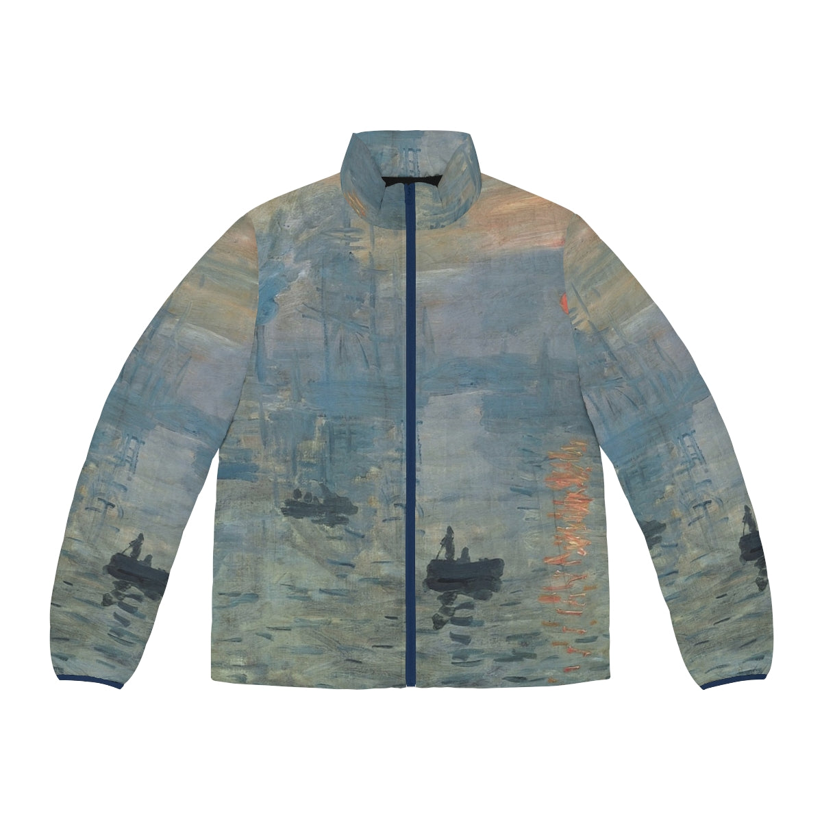 Claude Monet's Impression, Sunrise fine art puffer jacket with impressionist painting