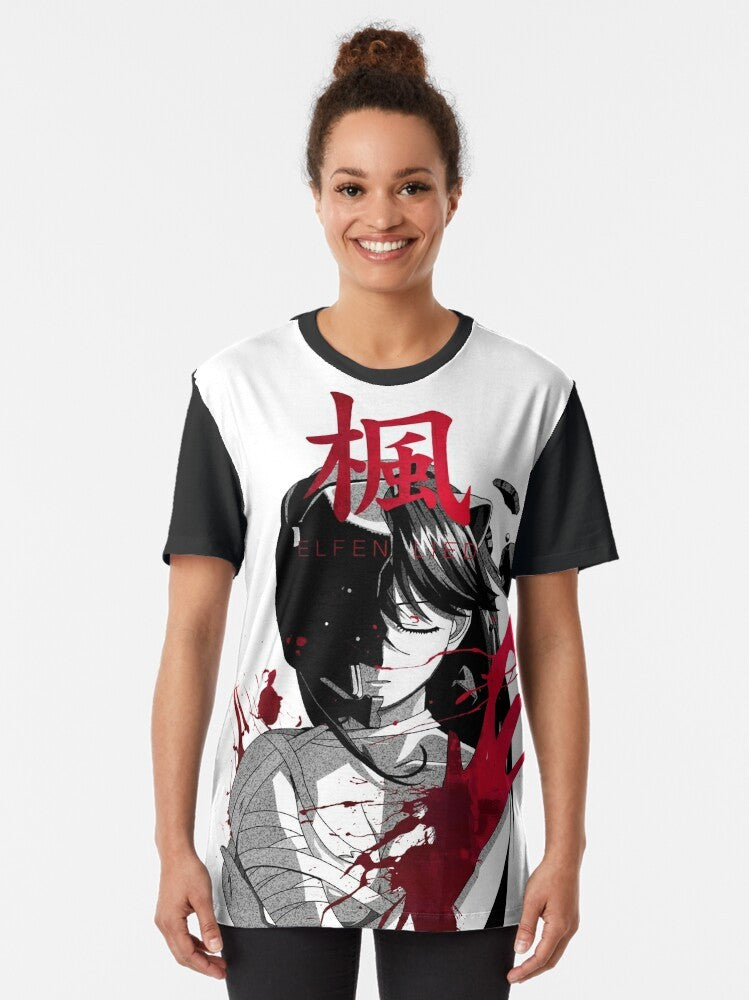 Elfen Lied Diclonius Anime Graphic T-Shirt with dark, monochrome, bloody design - Women