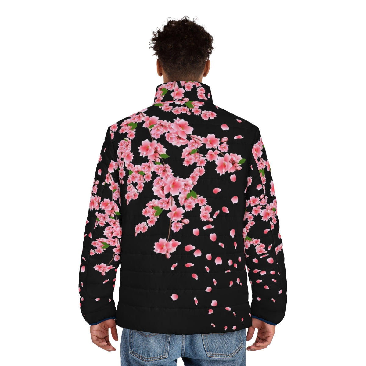 Sakura cherry blossom puffer jacket with pink floral design - men back