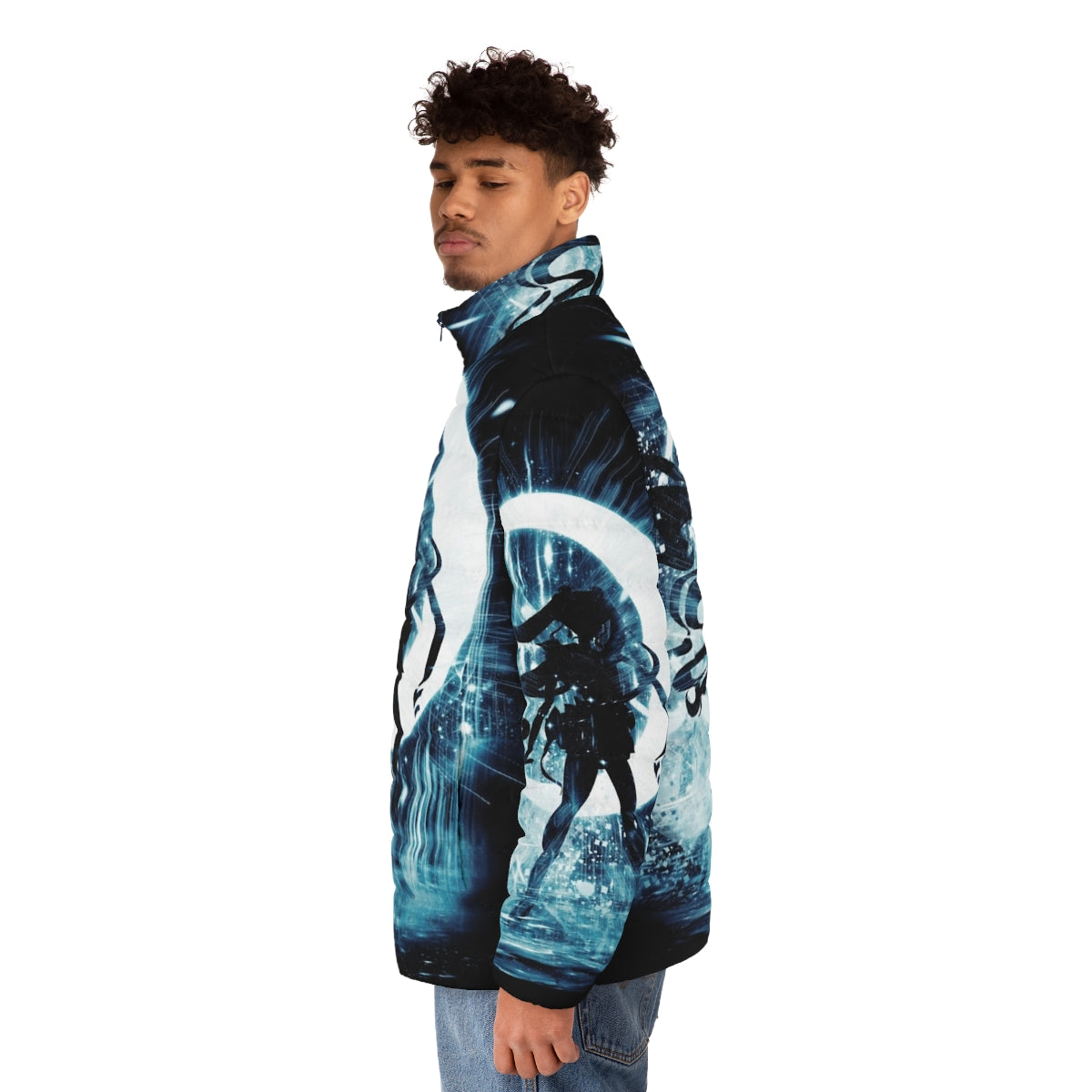 Lunar-themed puffer jacket with moon and celestial design - men side left