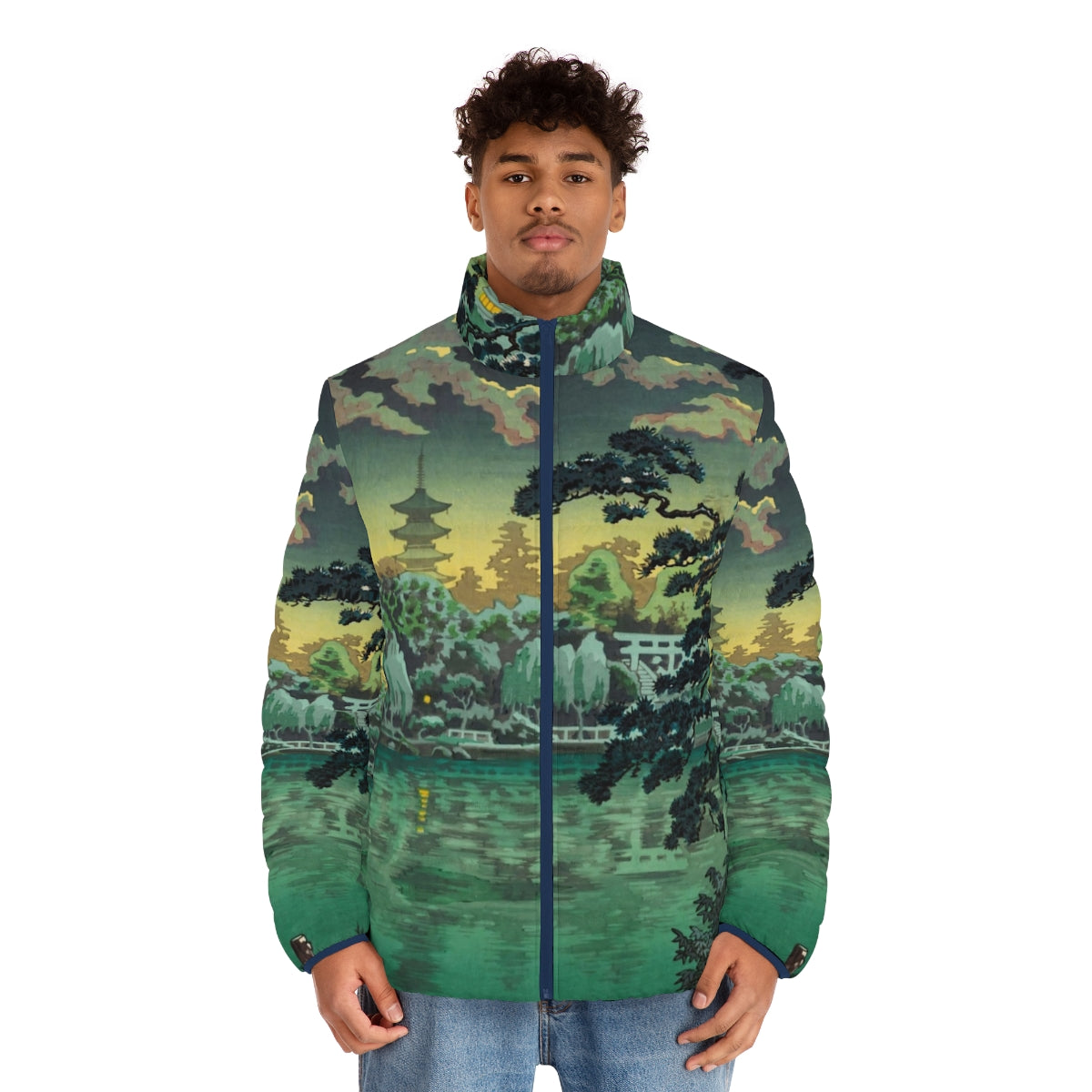 Traditional Japanese ukiyo-e puffer jacket featuring Tsuchiya Koitsu's painting of Ueno Shinobazu Pond - men front