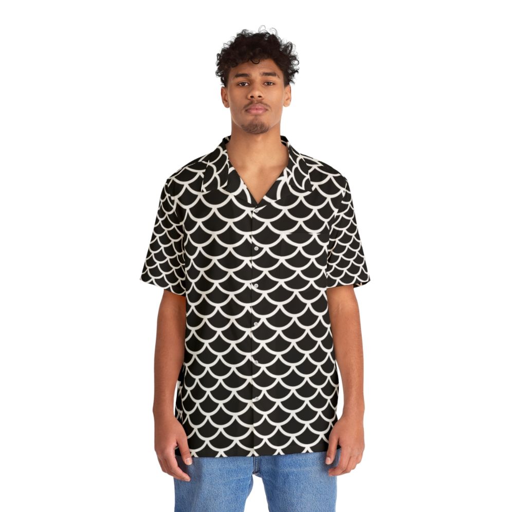 Black and White Fish Scale Pattern Hawaiian Shirt - People Front