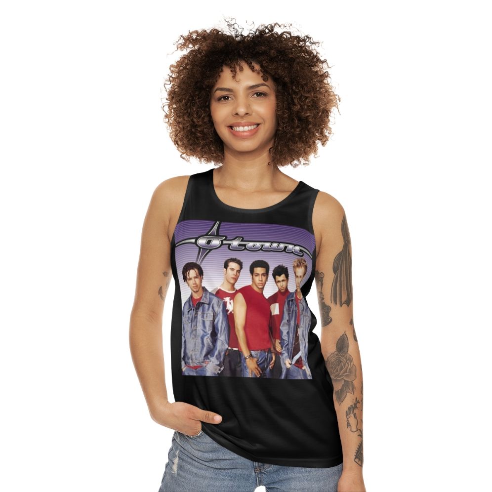 Unisex tank top featuring retro boy band music design - women