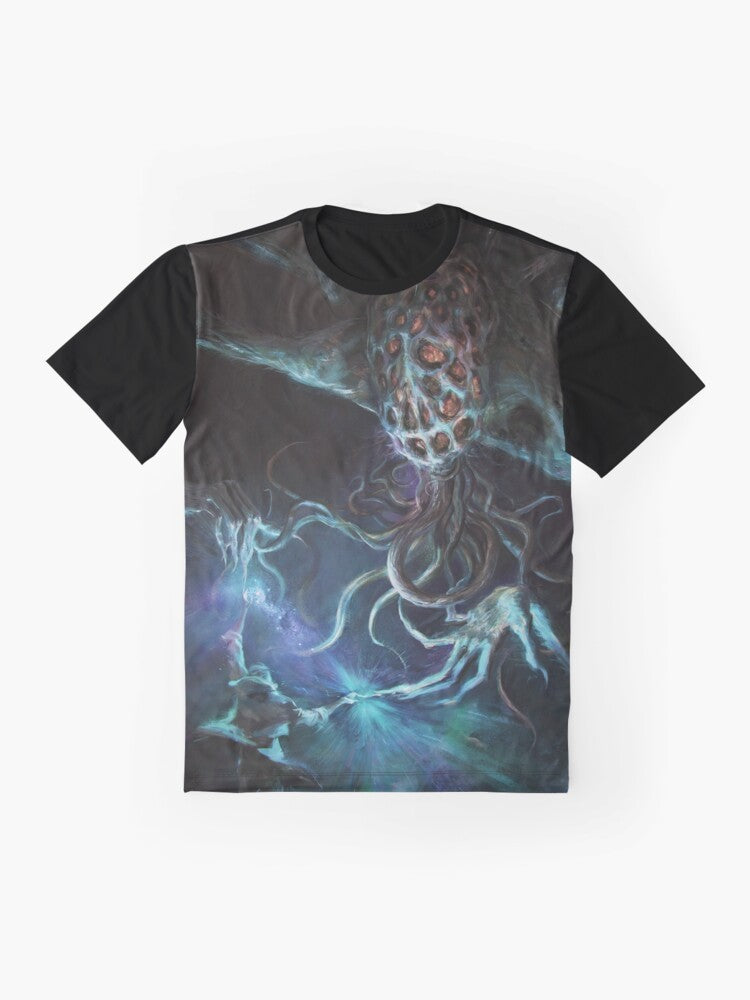 Intergalactic Alien Tentacle Graphic T-Shirt with a psychedelic, Lovecraft-inspired design featuring a blue alien creature with tentacles against a starry, galactic backdrop. - Flat lay