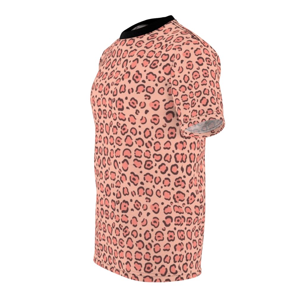 Closeup of a leopard skin print t-shirt design with a pink and black pattern. - men left