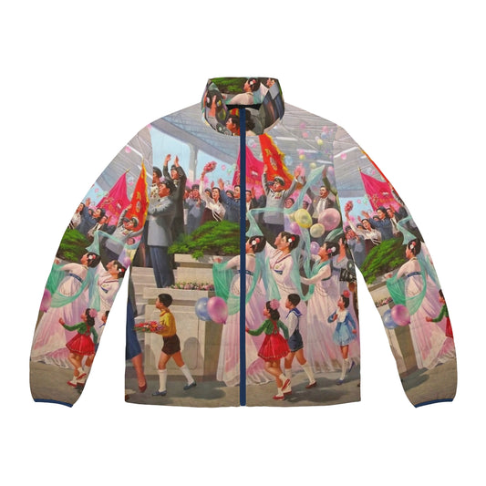 Colorful North Korea propaganda puffer jacket with bold graphics and patterns