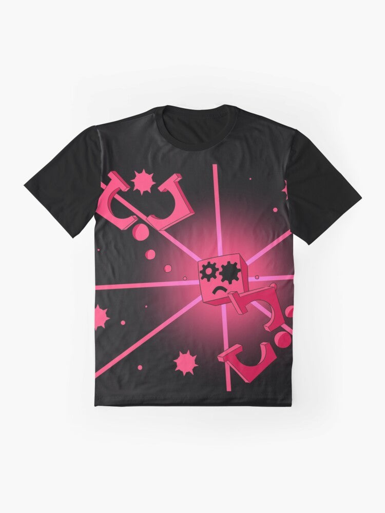 Close to Me graphic t-shirt featuring a cube design in pink and white colors, inspired by the video game Just Shapes and Beats - Flat lay