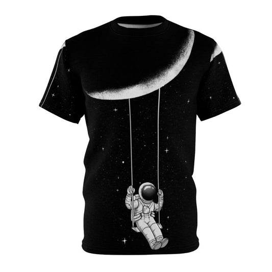 A t-shirt featuring an abstract design of a swinging moon in the night sky, a surreal and minimalist sci-fi inspired design.