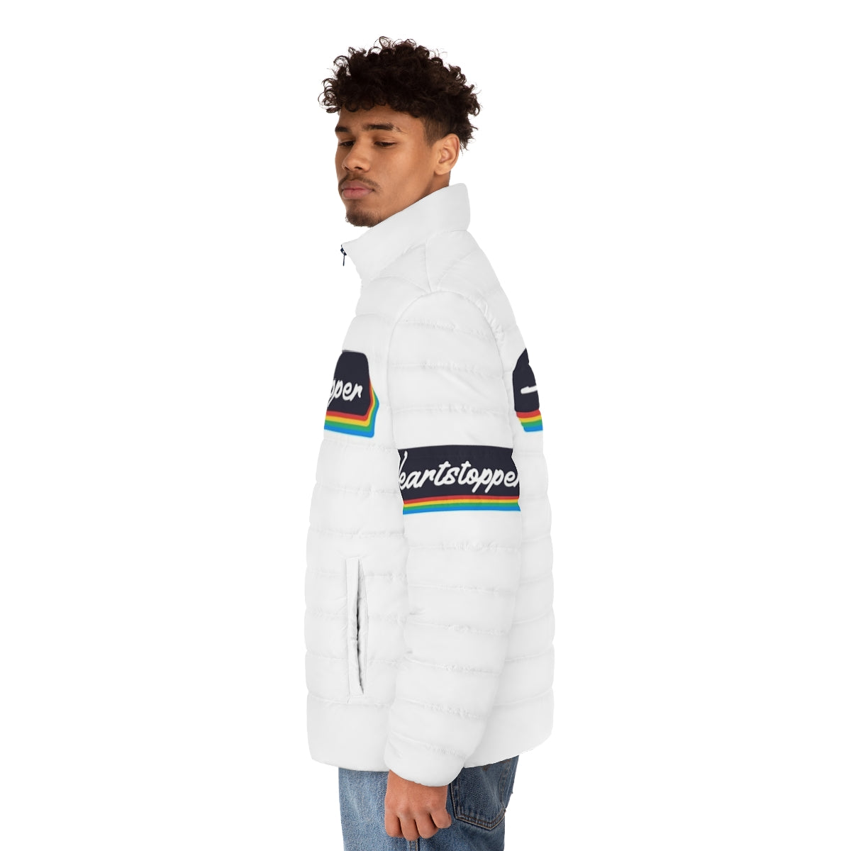 Heartstopper Pride Inspired Trendy Puffer Jacket with LGBTQ+ themed graphics - men side left