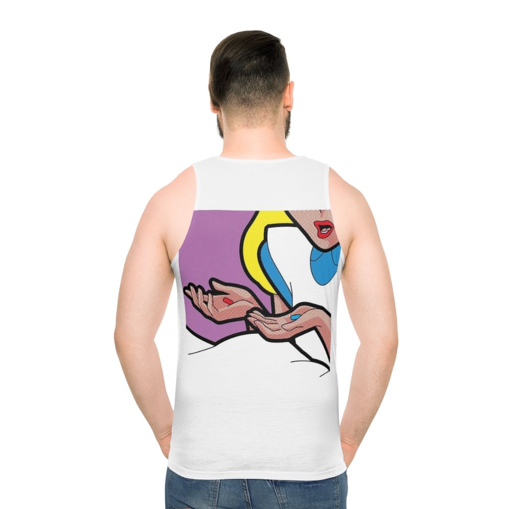 Down the Rabbit Hole Unisex Tank Top with Alice in Wonderland Inspired Design - men back