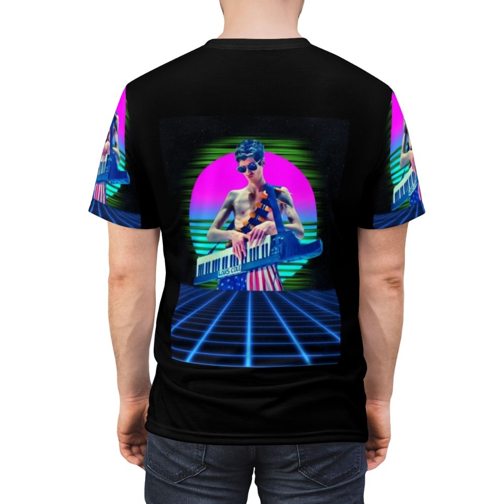 Retro graphic t-shirt with a design inspired by the music of Louis Cole, a contemporary singer-songwriter and musician. - men back