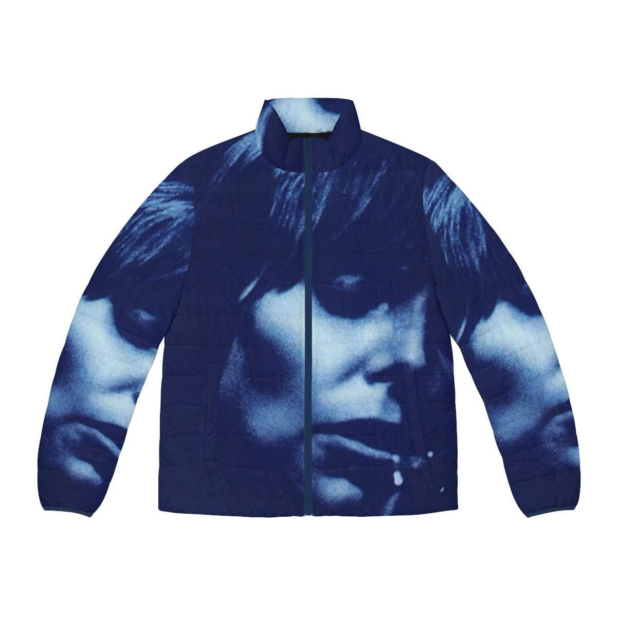 Vintage-style blue puffer jacket with Joni Mitchell inspired graphics