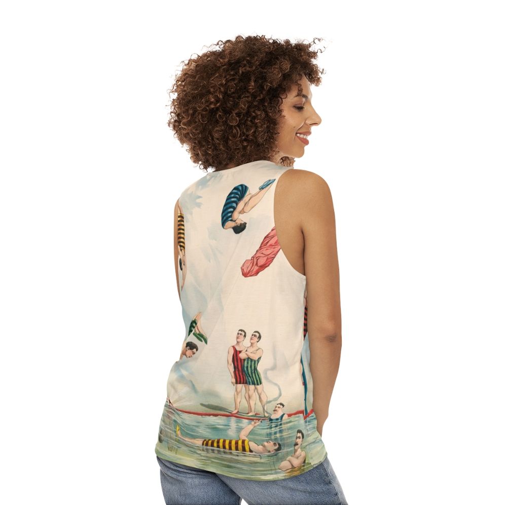 Vintage circus-inspired unisex tank top with colorful stripes - women back