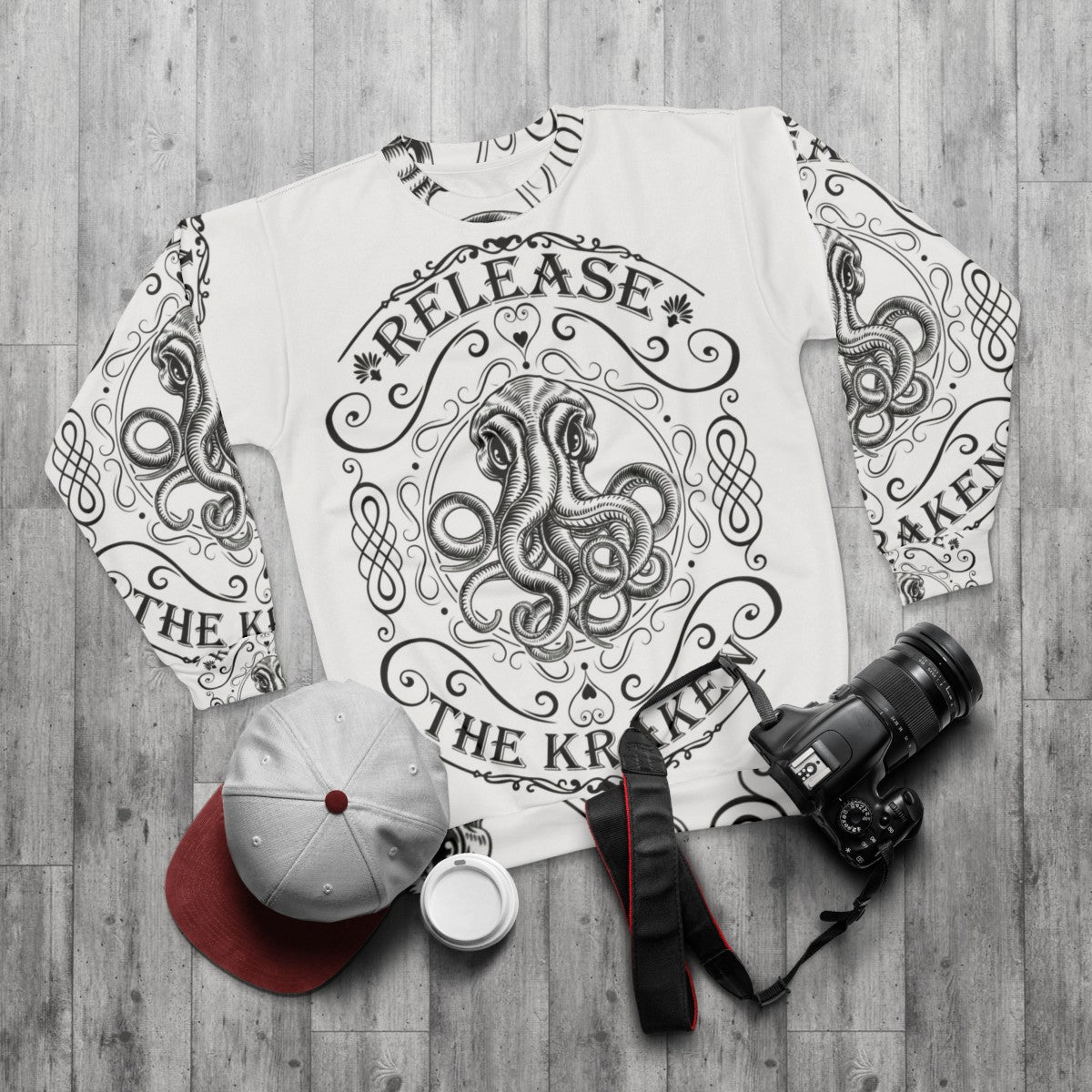 Release the Kraken mythological creature sweatshirt - flat lay