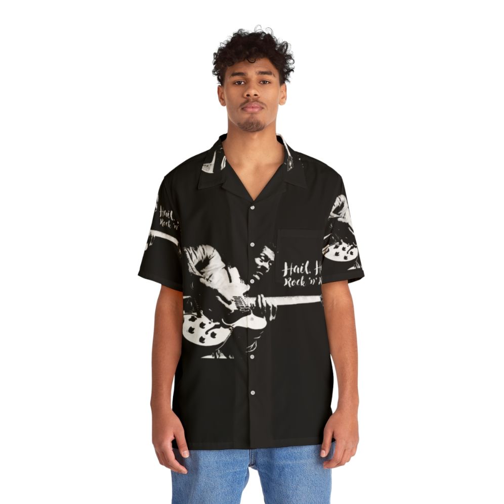 Hawaiian shirt with black and white print of Chuck Berry's guitar - People Front