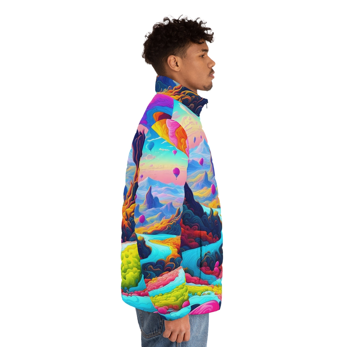 Dreamscape Puffer Jacket 2 - Vibrant, colorful, and psychedelic puffer jacket with neon city lights design - men side right