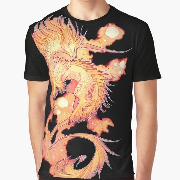 A colorful graphic t-shirt featuring a space unicorn, also known as a drachenmagier or kirin, a fantasy creature with a unique design.