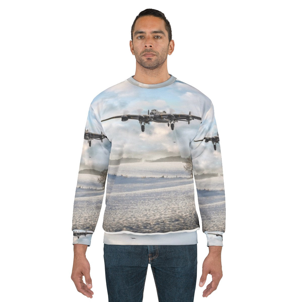 Avro Lancaster bomber in snowy landscape on winter sweatshirt - men