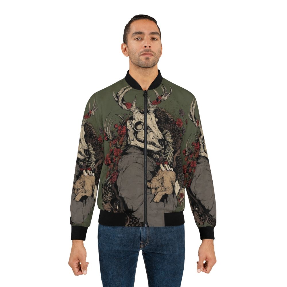 A bomber jacket featuring a stunning dragon tattoo design with traditional elements including deer, stag, skull, and cat. - Lifestyle