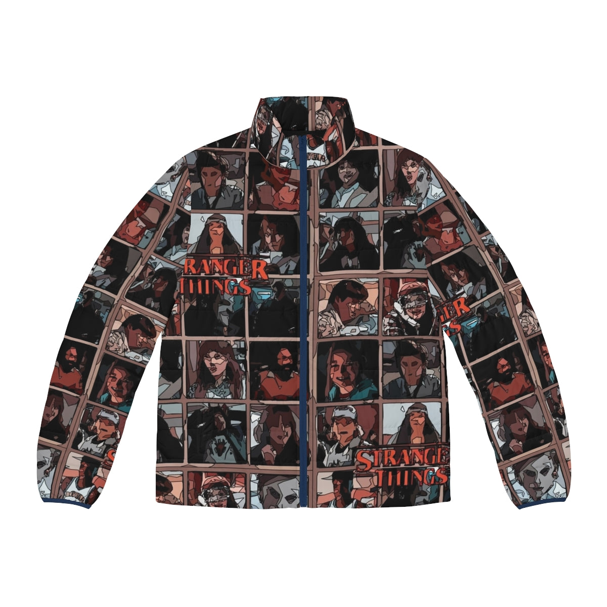 Stranger Things Fan Art Puffer Jacket with Eleven, Dustin, and Steve Harrington graphics