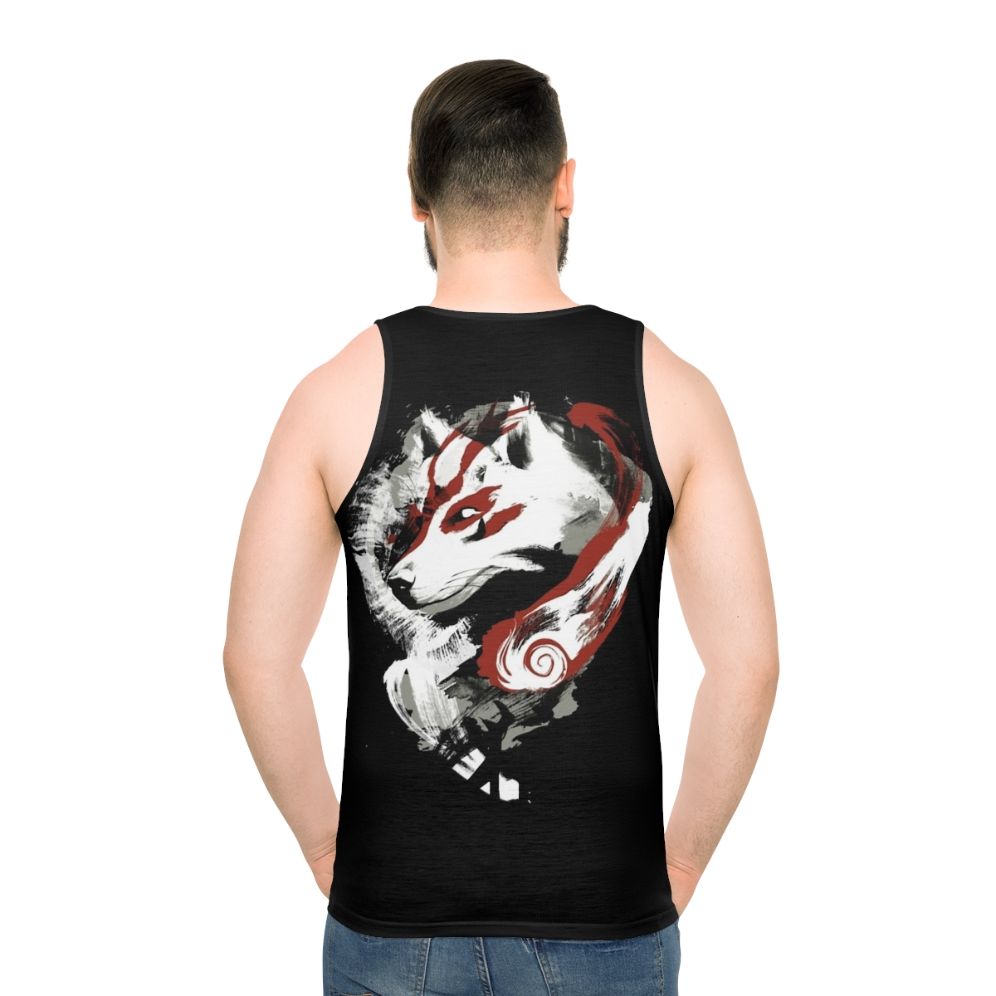 Unisex wolf graphic tank top with retro painterly okami and amaterasu design - men back