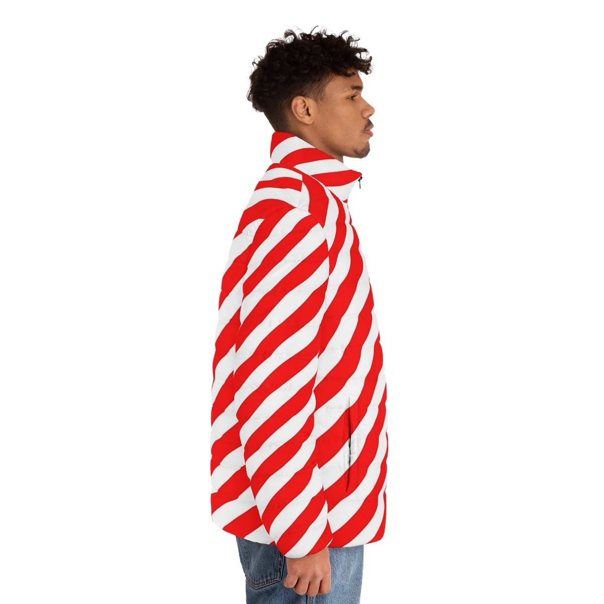 Red and white diagonal stripes puffer jacket - men side right