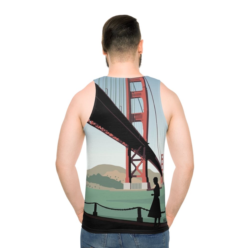 Unisex Vertigo Inspired Tank Top featuring Hitchcock's classic film imagery - men back