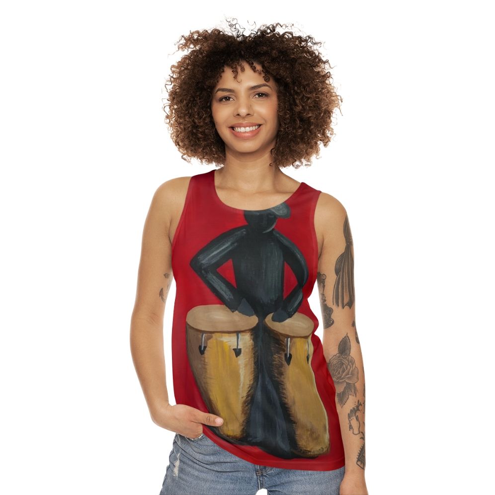 Unisex tank top featuring salsa music art and a conga player - women