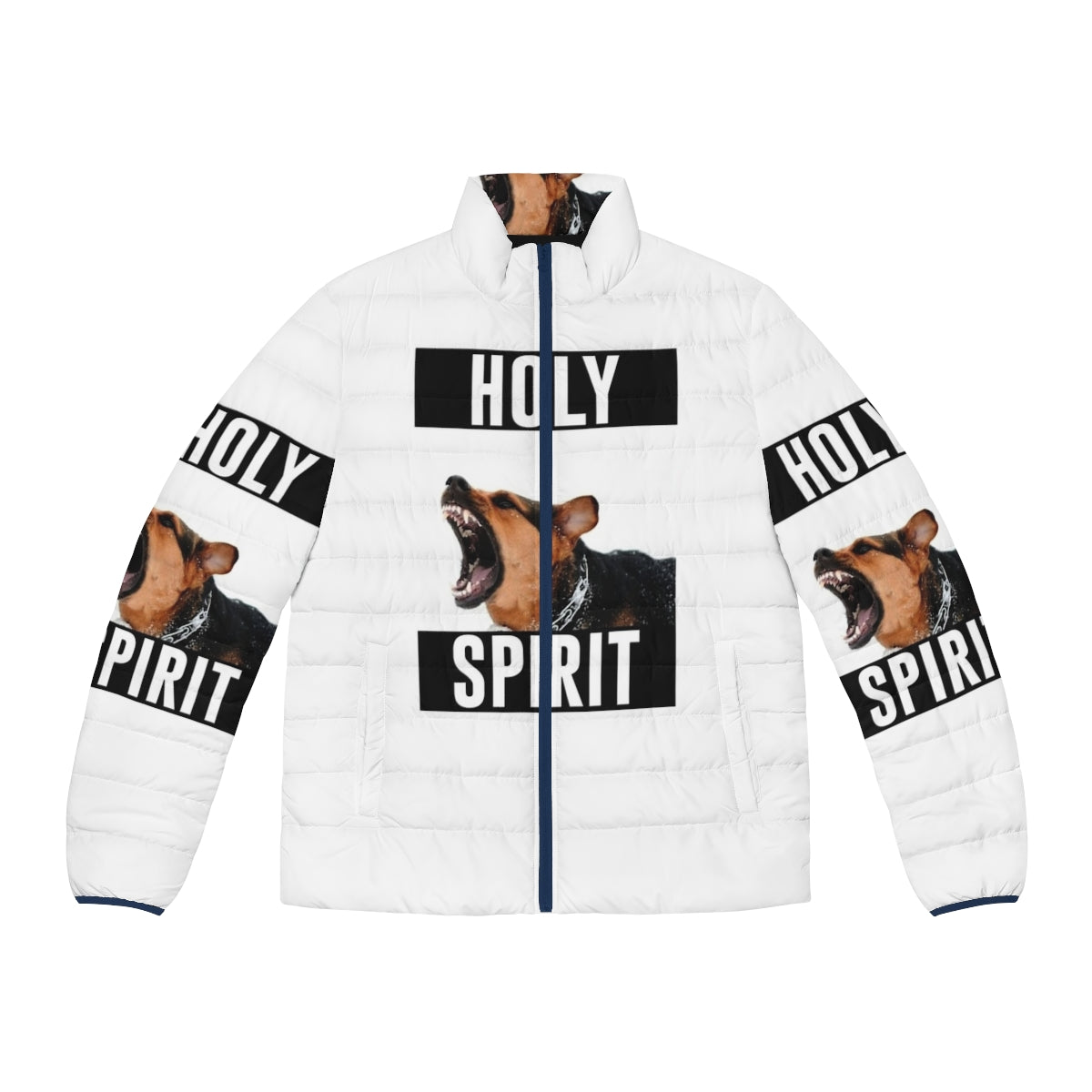 A cozy puffer jacket featuring a bold "Holy Spirit" design, perfect for meme enthusiasts and the faithful.