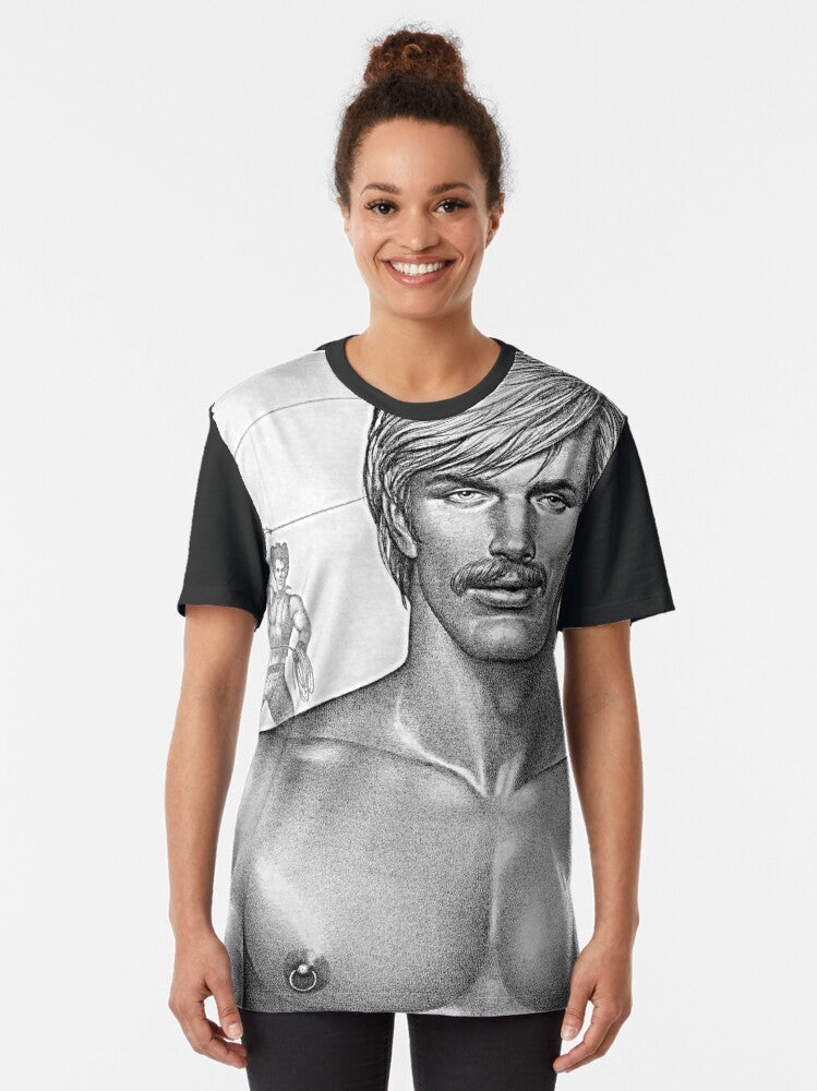 Tom of Finland "Giddy Up Cowboy" graphic t-shirt featuring a muscular gay cowboy illustration - Women