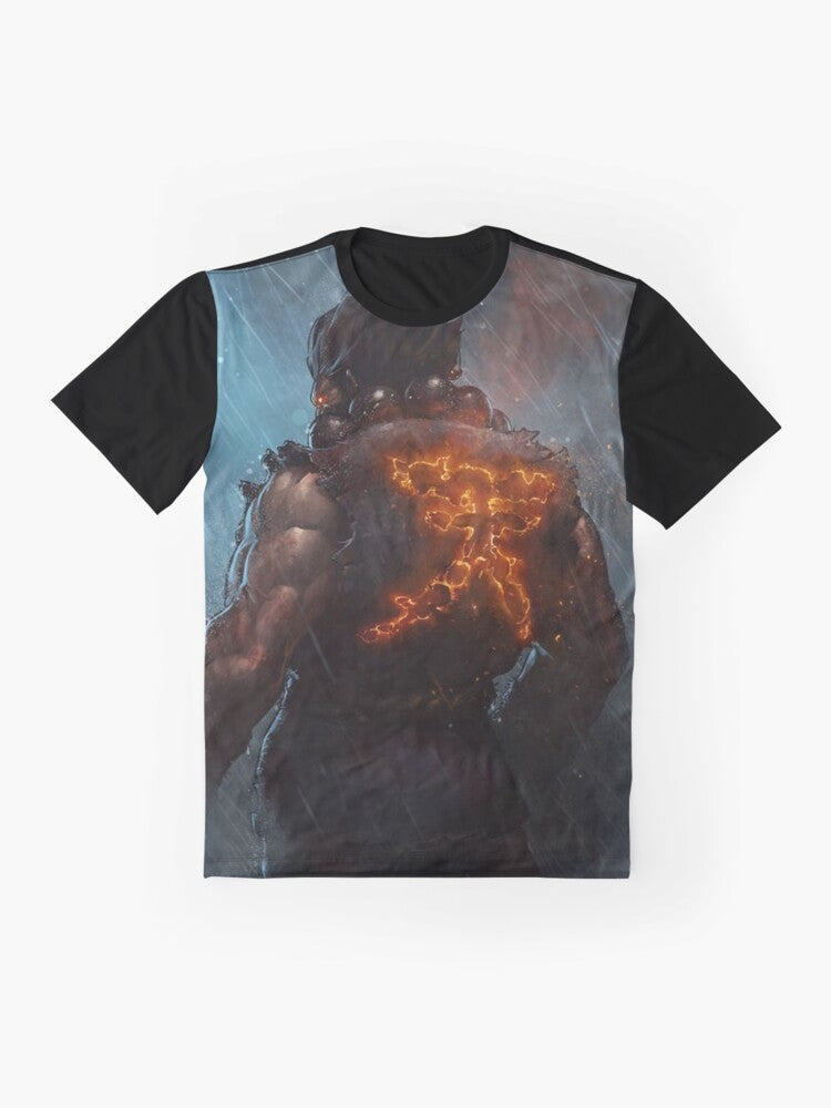 Akuma Street Fighter Kanji Graphic T-Shirt featuring the iconic Akuma character from the Street Fighter video game series. - Flat lay