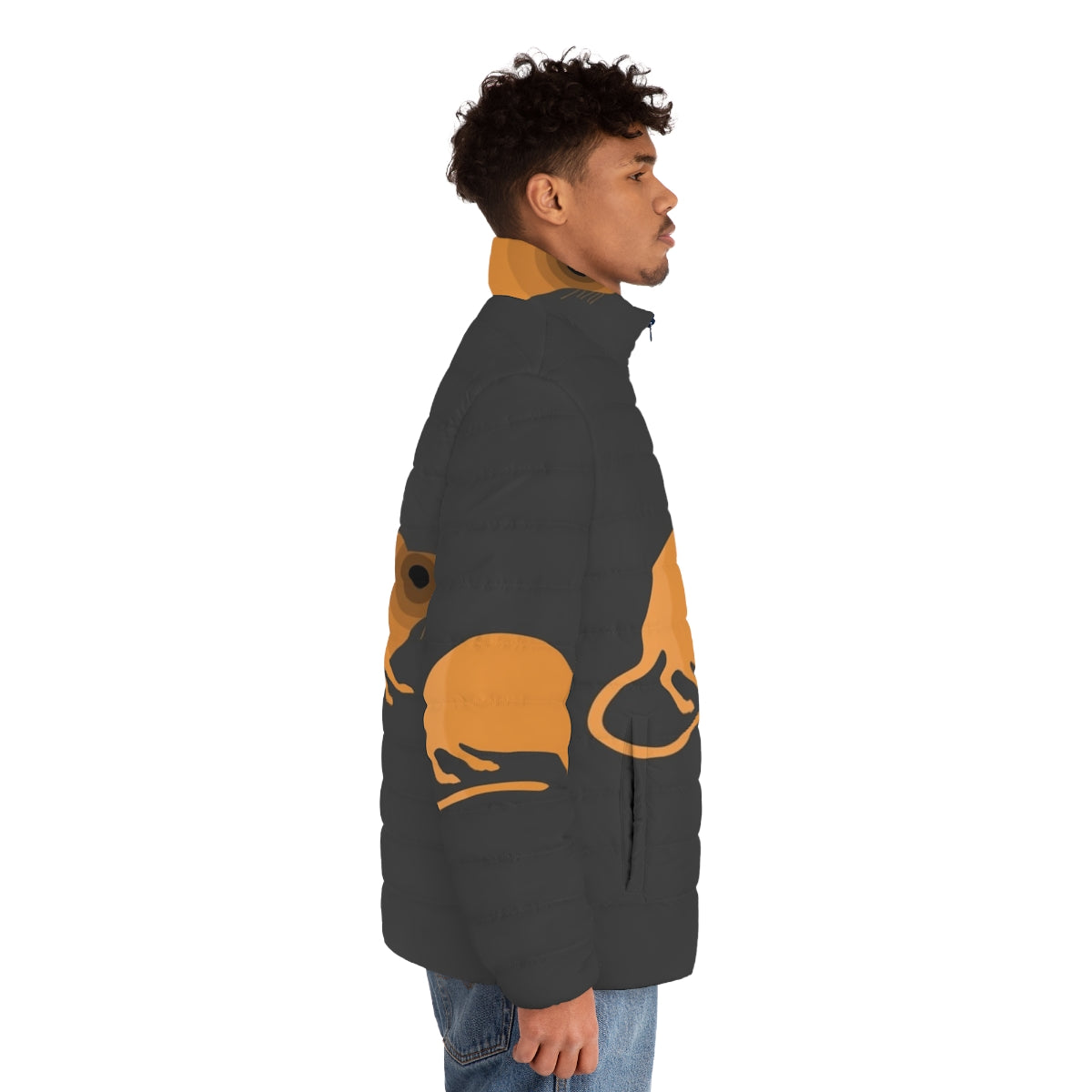 Colorful and abstract puffer jacket featuring a legendary rat design. - men side right