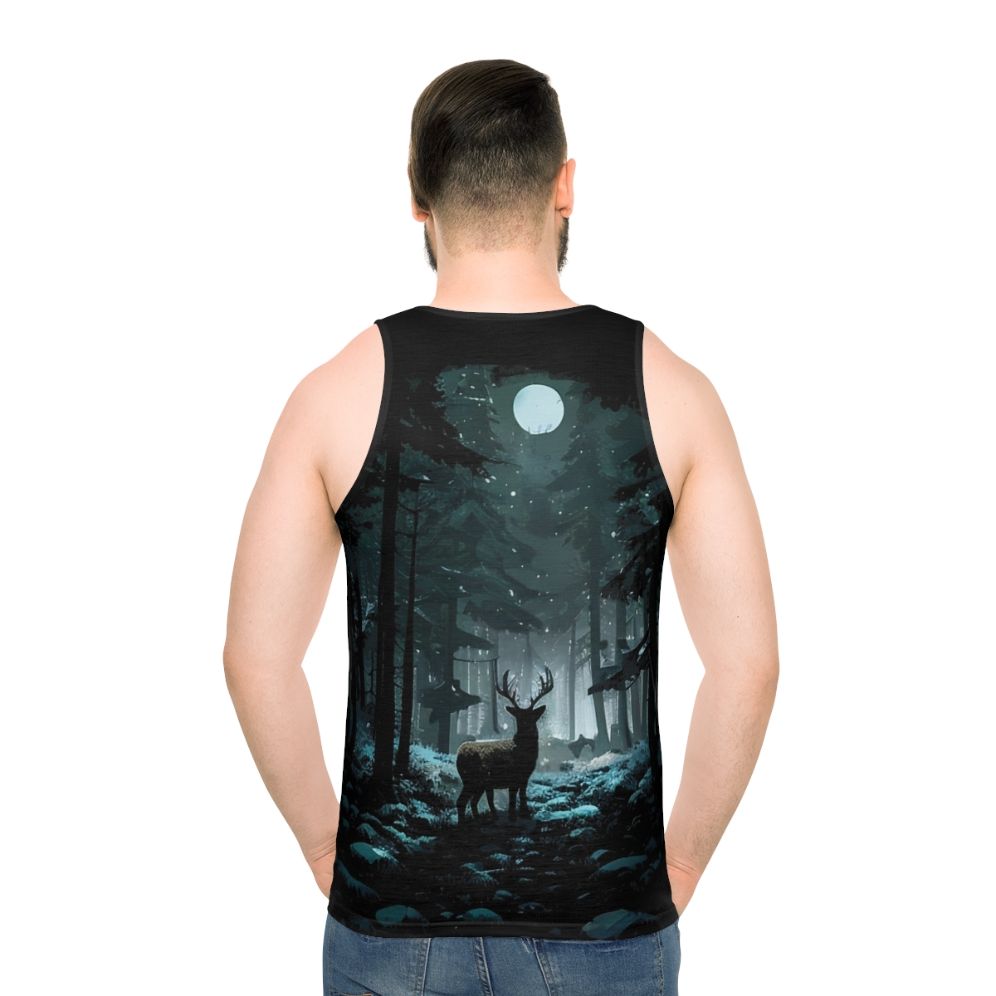 Unisex tank top featuring a winter woods landscape with a deer and the moon - men back