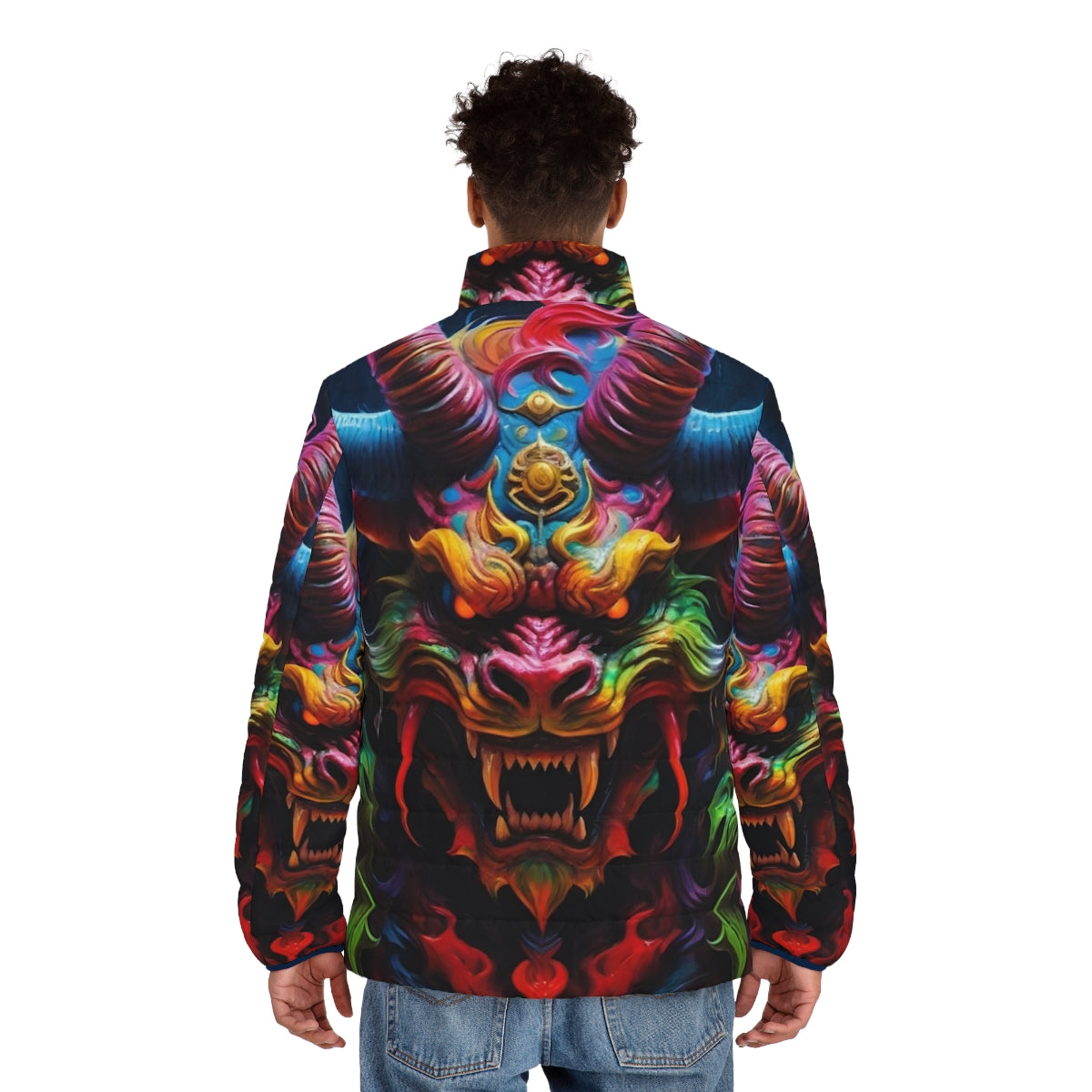 Demon Dragon Japanese Horror Puffer Jacket - men back