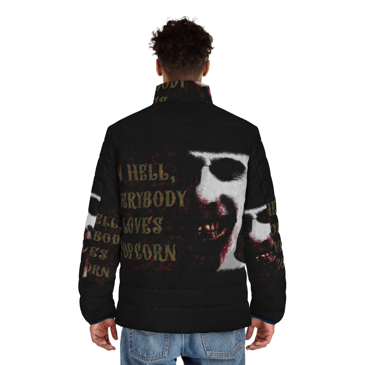 Doom Head Puffer Jacket featuring a horror-themed design inspired by Rob Zombie and Richard Brake - men back