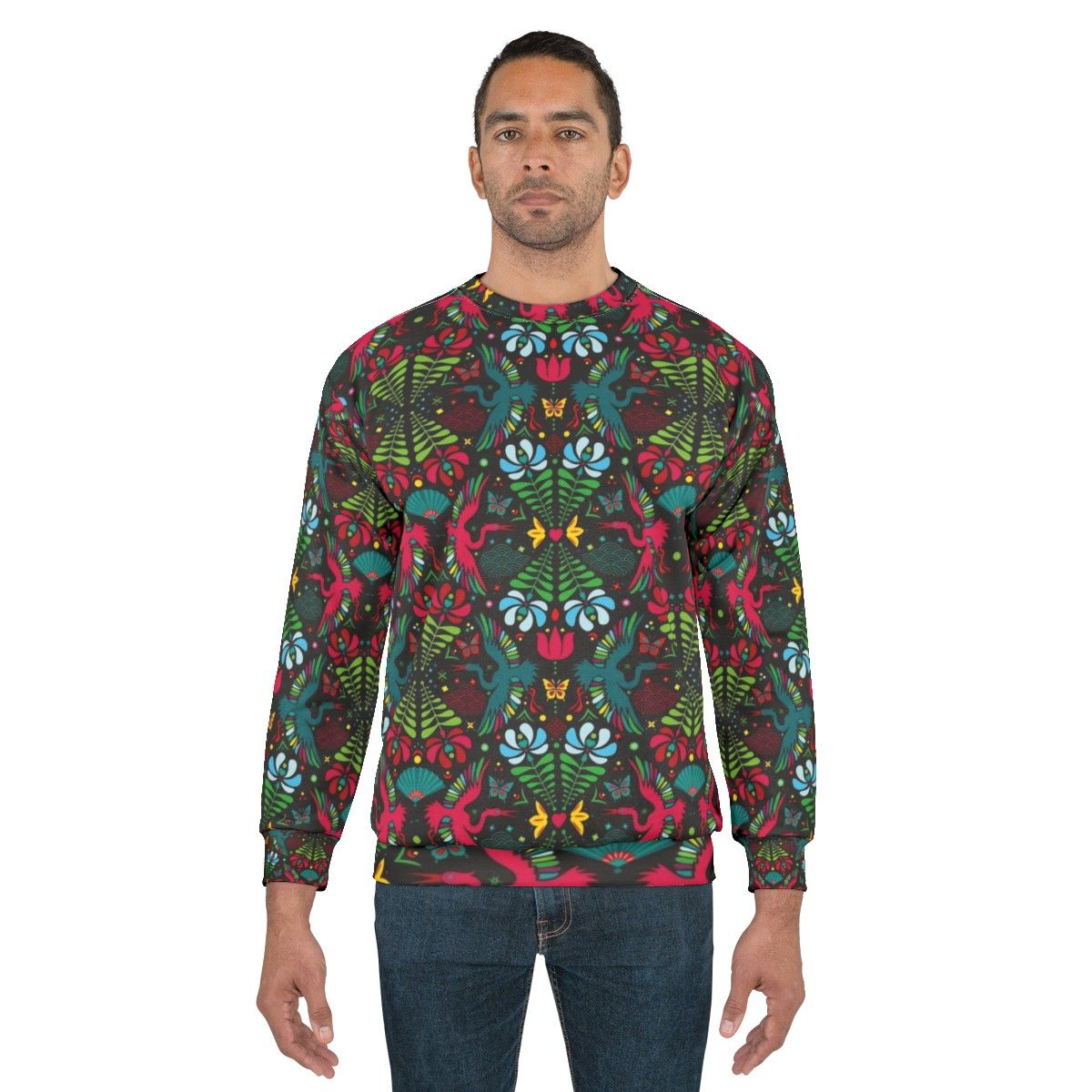 Colorful folk art crane pattern sweatshirt - men