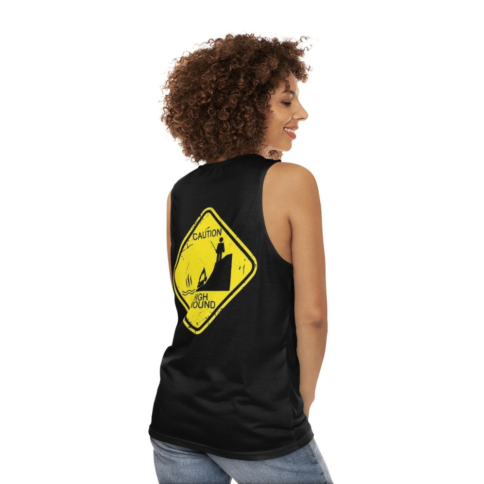 Unisex tank top with 'Caution High Ground' stick figure design - women back