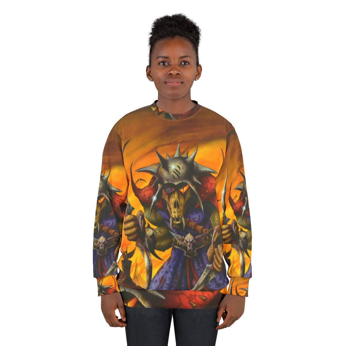 Heavy metal sweatshirt featuring a fiery, villainous fantasy design - women