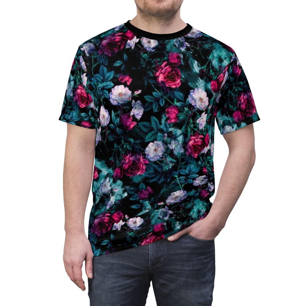 Vibrant floral abstract digital art design printed on a t-shirt - men front