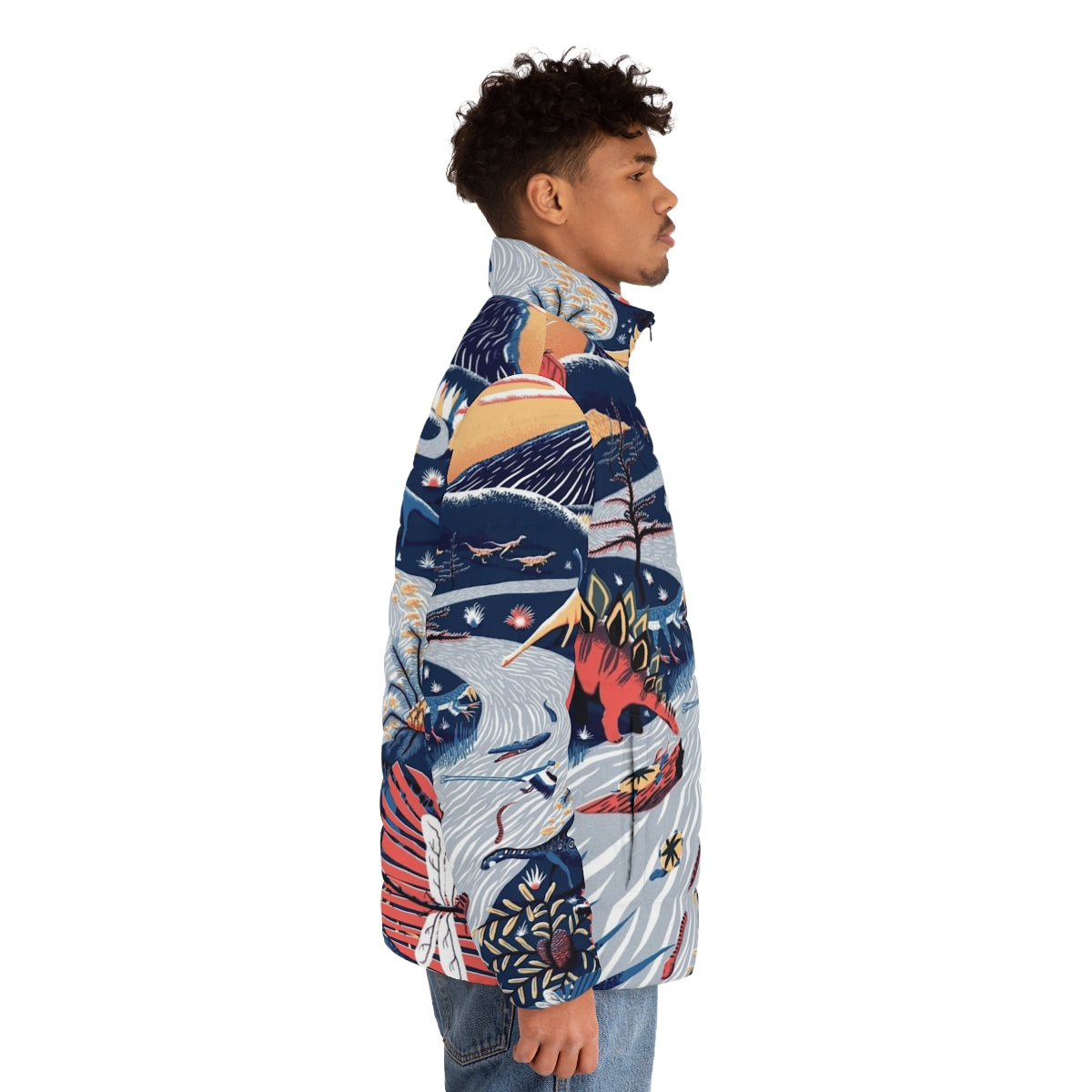 Jurassic puffer jacket featuring a colorful, limited palette design inspired by prehistoric animals - men side right