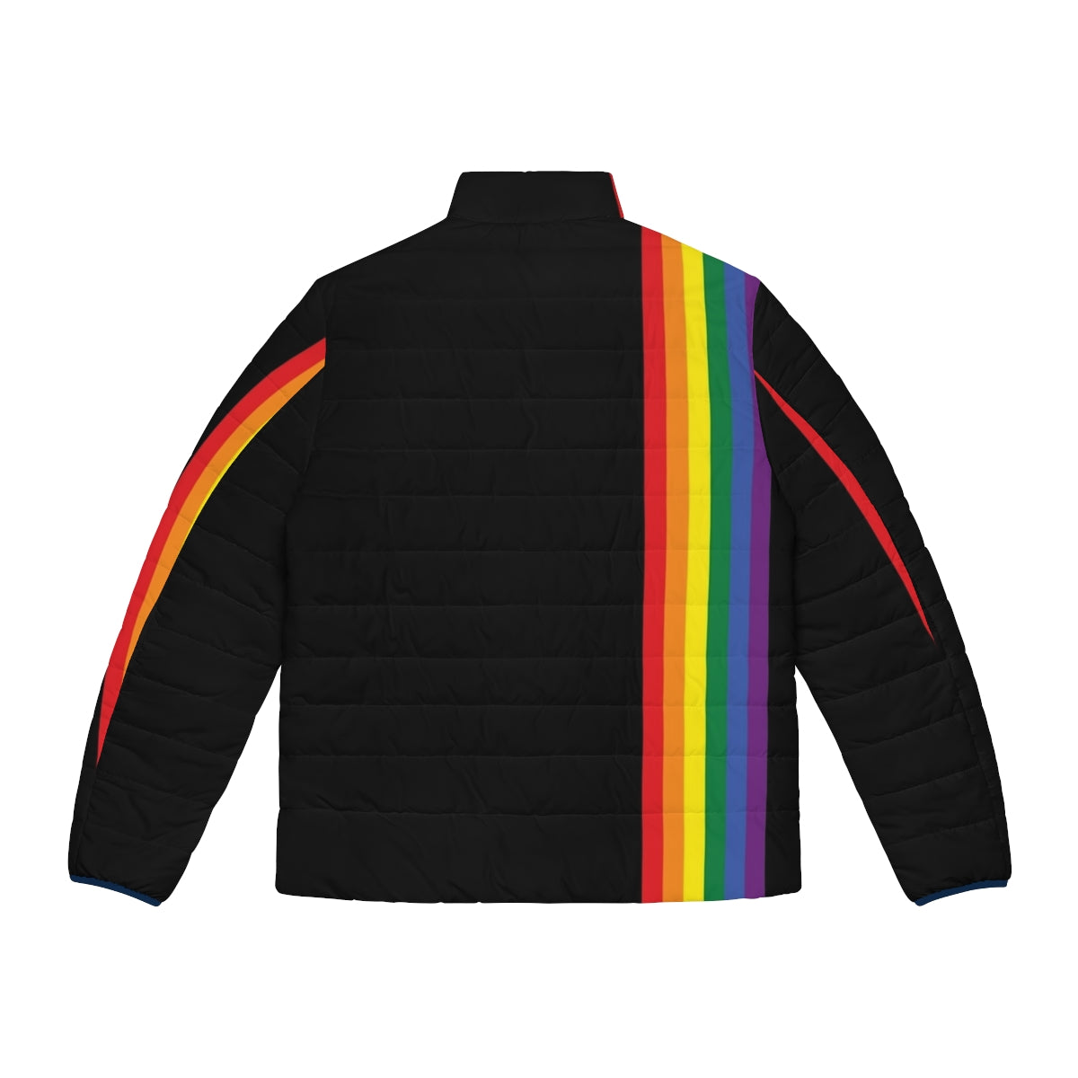 Colorful rainbow puffer jacket with LGBTQ pride stripe design - Back