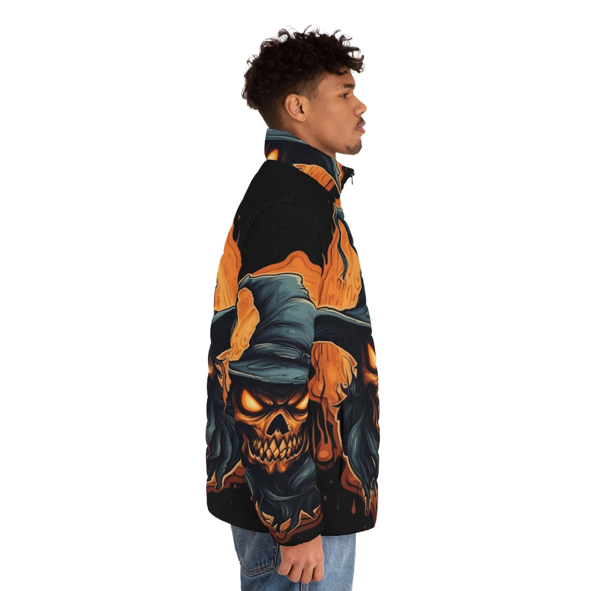 Skeletor Death Wizard Puffer Jacket with Burning Skull Design - men side right