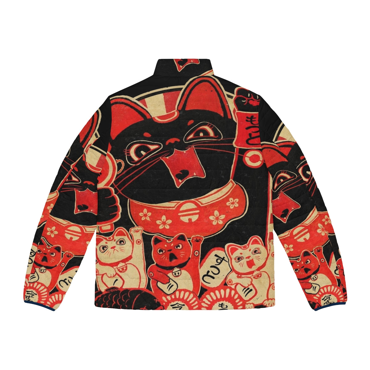 Vintage Japanese Lucky Cat Revolution Puffer Jacket with Adorable Kawaii Retro Rebellion Anime Inspired Design - Back